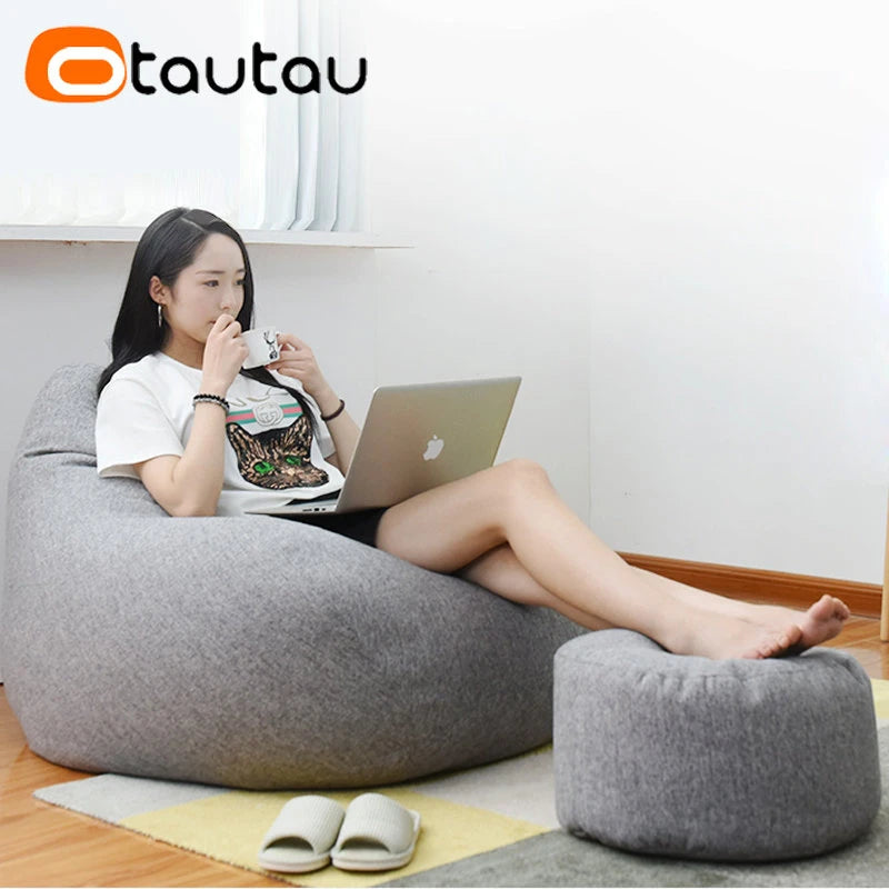 OTAUTAU Modern Gray Round Shaped Pure Cotton-Linen Fabric Bean Bag Ottomans/ Filling/Colors-Gray/Purple/Black/Orange/Dimensions: 20cm high x 30cm diameter