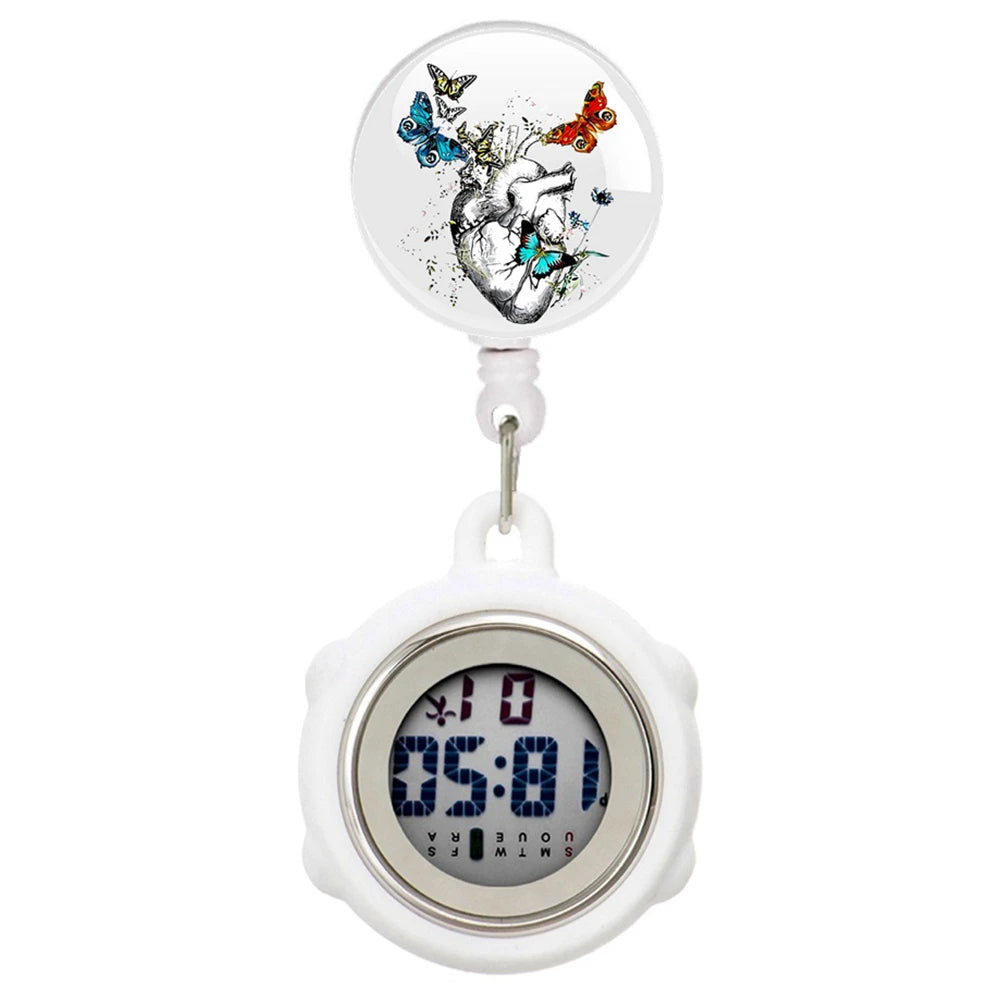 No-EN-Name-Null Waterproof Black Plastic Round Cover Glass Face Digital Display Retractable Printed Floral Anatomical Designs Nurse-Doctor Hanging Metal Alloy Fob Pocket Watches/Colors-Black/White/Pink/Blue