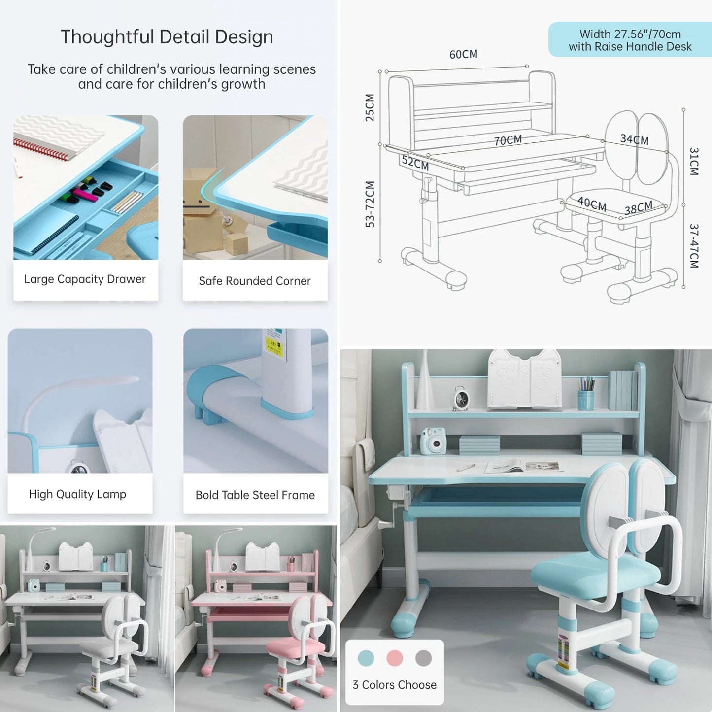 Kids Modern Warm-Cool Three-Level LED Lamp Adjustable Height-Angle White-Pink Rectangle Shaped Stainless Steel Metal Large Storage Drawers Tiltable Desktops-Ergonomic Chairs Office Furniture Sets/Colors-Pink-White/Gray-White/Blue-White