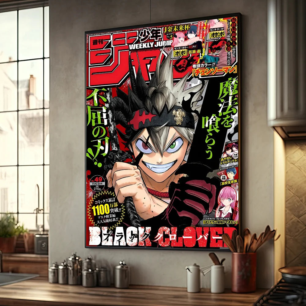 No-EN-Name-Null Modern Retro Rectangle Synthesized Paper Frameless HD Japanese Anime Black Clover Comics Books-Movies Design Self-Adhesive Waterproof Wall Art Posters/Colors-Black/Red/Orange/Multicolor
