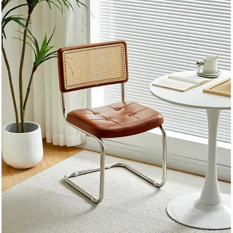 No-EN-Name-Null Nordic Armless Woven Rattan Brown Solid Wood Beige Meshed Hard Backrest-Faux Leather Seat Cushion Silver Stainless Steel Metal Frame-Legs Kitchen-Dining Room Chairs/Colors-Brown/Green/Black/Gray/Orange