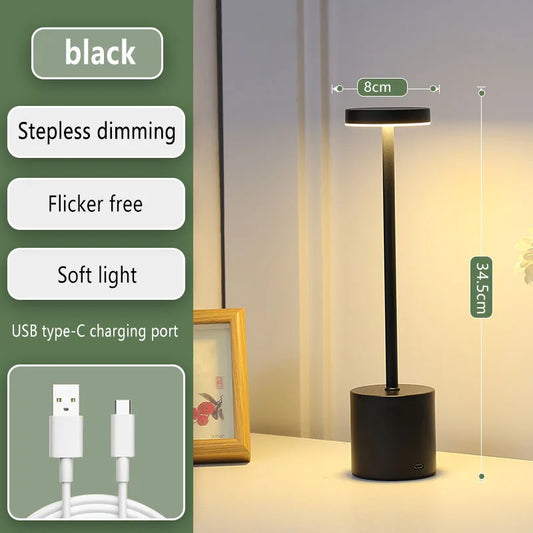 Retro Black Aluminum Iron Warm LED 3 Color Rechargeable Touch Dimming Round Cylindrical Cord Table Lamps