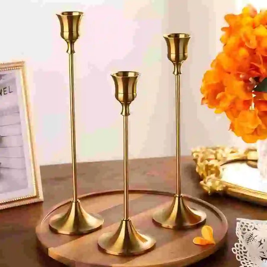 No-EN-Name-Null 3 PCS Vintage Antique Round Gold-Black Aluminum Metal Tabletop Disassembling Head-Base Anti-Slip Foam Bottom Candlestick Holders Sets