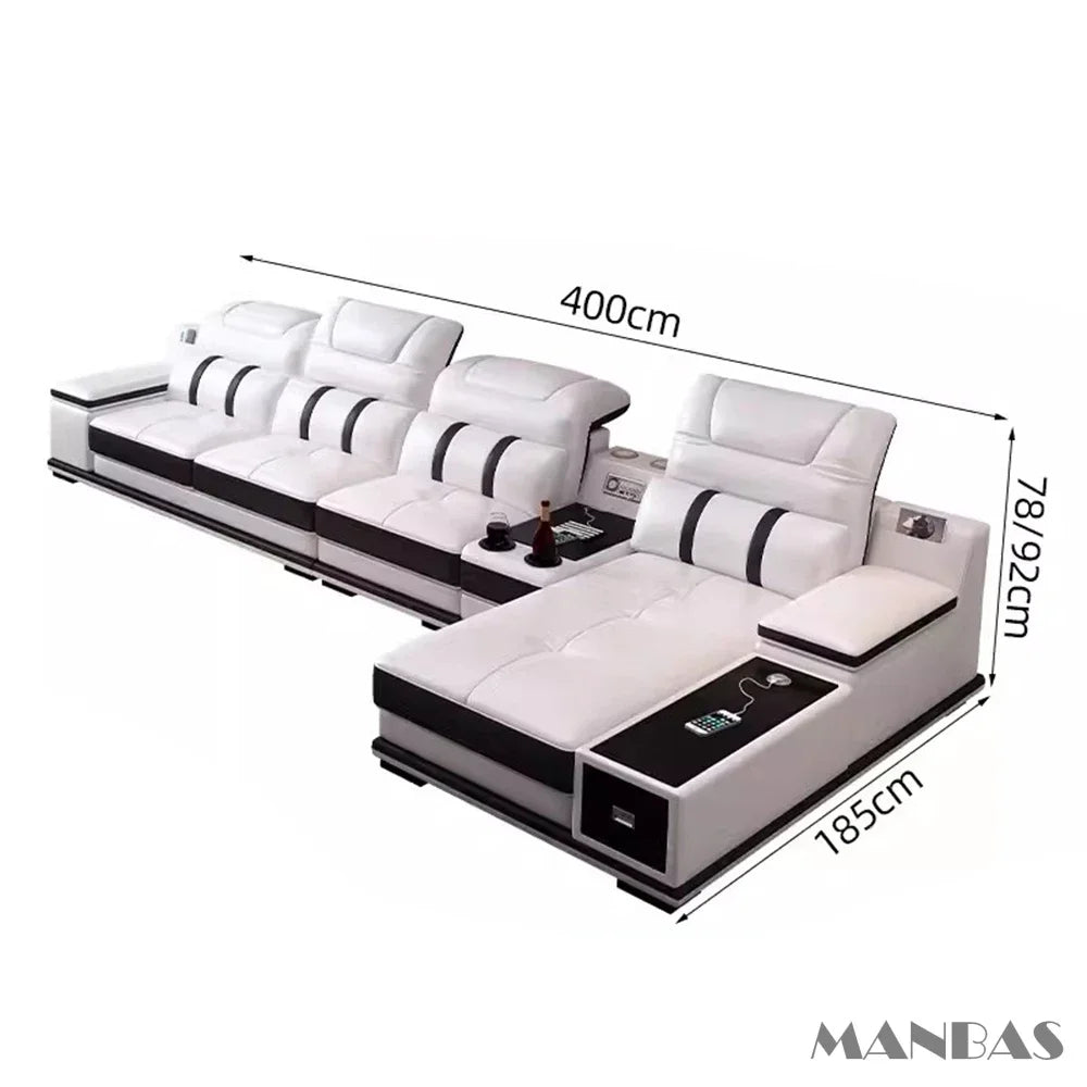 MANBAS Modern Adjustable Headrest L-Shaped White-Black Trim Italian Soft Genuine Leather Cushion Corner Couches/ Bluetooth Speaker/ USB Port/Cup Holder