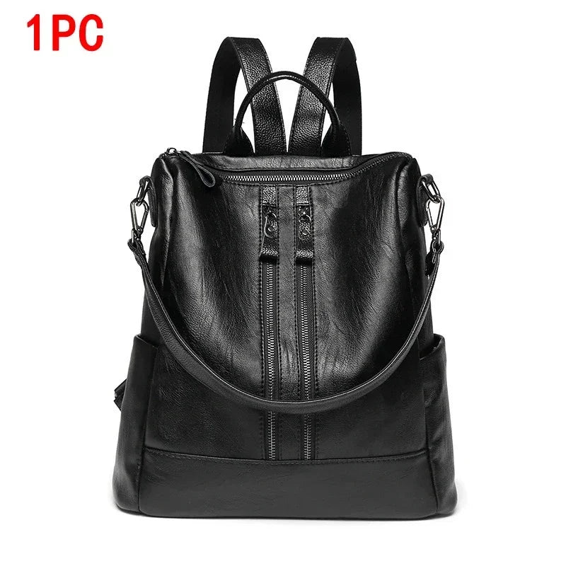 No-EN-Name-Null Women Lightweight Convertible Zippers Soft Black Faux Leather Travel Detachable Shoulder Straps-Two Handles Single 9-7 Inch IPAD Compartment Backpacks