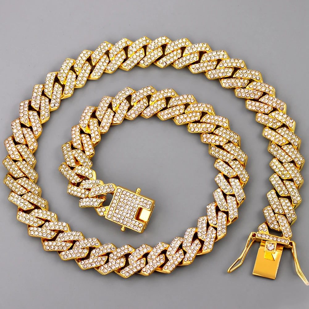 Women-Teen Girls Gold-Silver Metal Iced Prong Chunky Cuban Chain Link Geometric Shape Shiny White Rhinestones Imitation Punk Necklaces