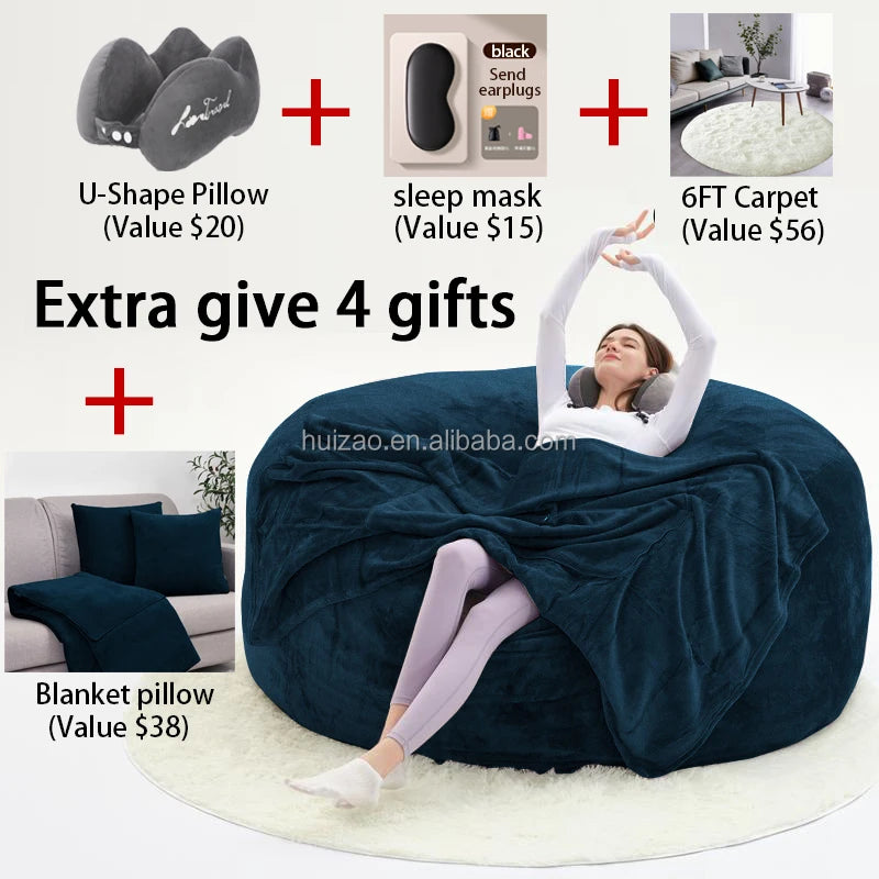No-EN-Name-Null Modern Italian Design Large Three Seat Soft Plush Brown Round PU Polyester-Flannel Fabric Bean Bag Chairs/Zippered /Removable-Washable Cover/Extra 4 Gifts Included/ Sponge Filler Included /Colors-Gray/Beige/Brown/Blue/Black
