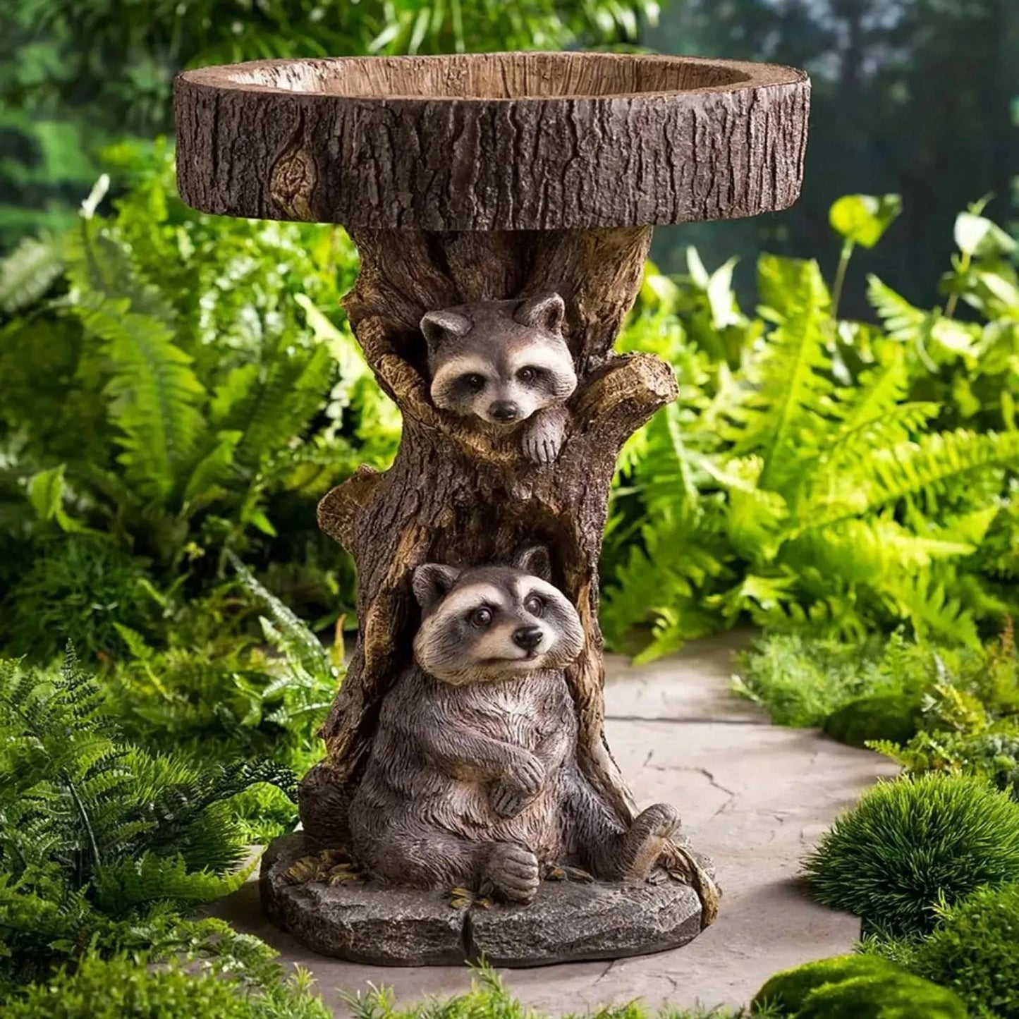 No-EN-Name-Null Home Garden Free-Standing Tree Trunk Resin Two Cardinals-Two Raccoons Animal Birdbaths/Color-Black/Gray/Animals
