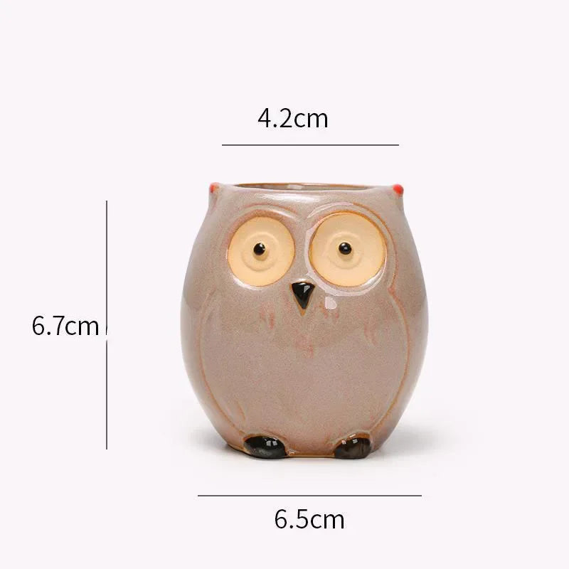 No-EN-Name-Null Nordic Home Garden Glazed Porcelain Ceramic Small Cute Cartoon Owl Shaped Design Round Mouth Animal Flower Pots/Colors-Black/Animals