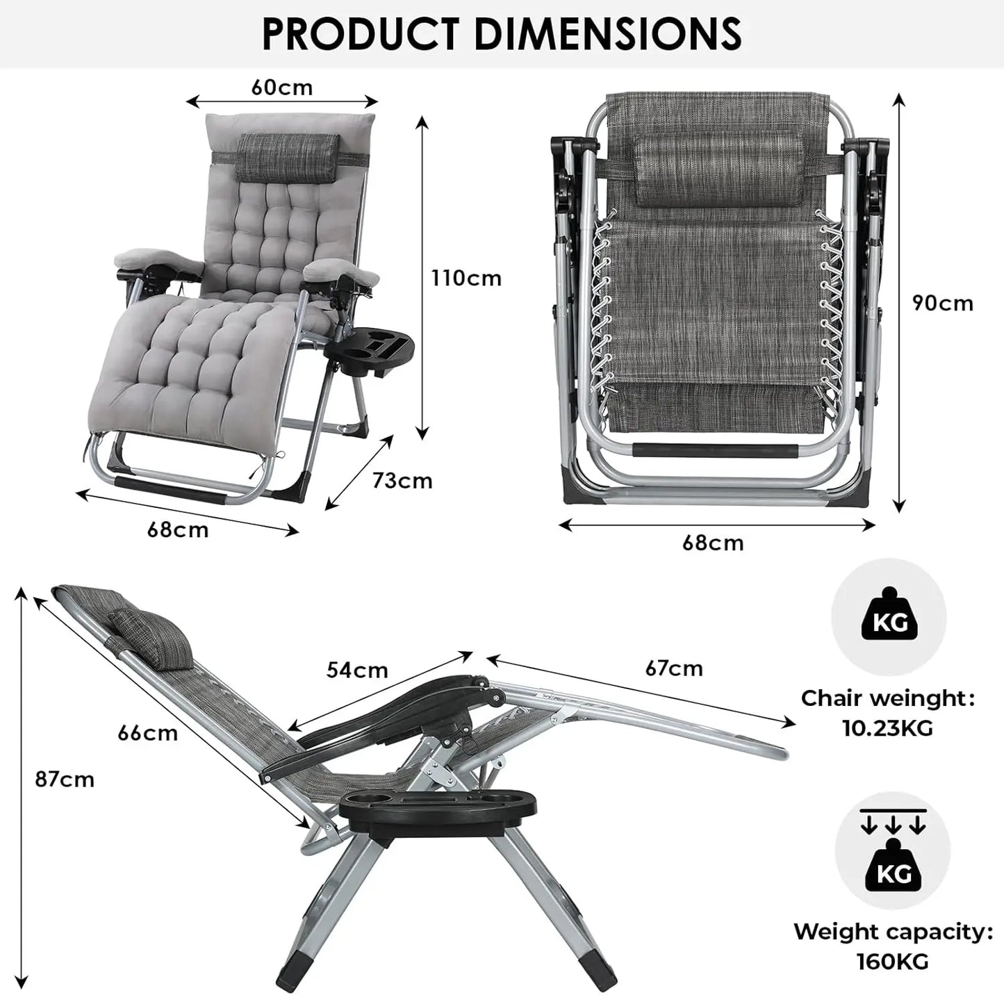 Metal Adjustable Headrest Gray Patio Lounge Chair w/Removable Cotton Cushions/Cup Holders/Size: 160 x 69 x 80 cm 7.6 kg