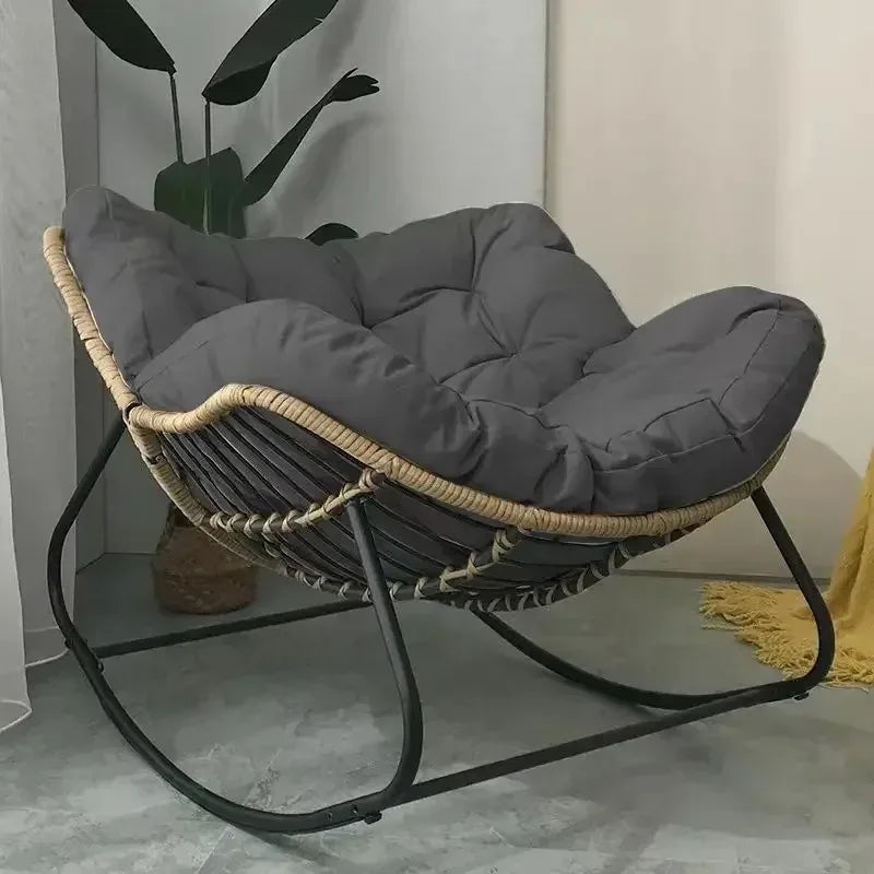 No-EN-Name-Null  Modern Indoor One Person Soft Upholstered Padded Bird Nest Thick Linen Multicolor Cushions Rattan Seat Bottom Black Metal Frame Reclining Rocking Chairs/Colors- Gray/Beige/Black/Brown/Multicolor