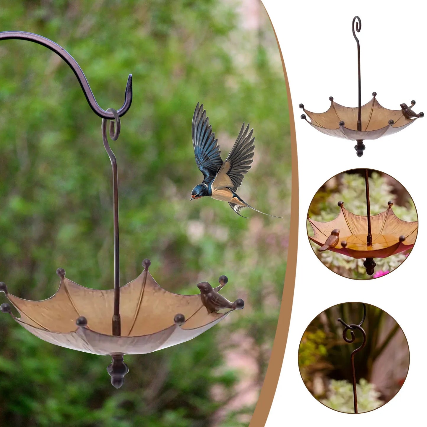 No-EN-Name-Null Outdoor Garden Hanging One Bird On Upside Down Brown Umbrella Shaped Iron Metal Stainless Steel Bird Feeders/Colors-Black/Bronze/Brown