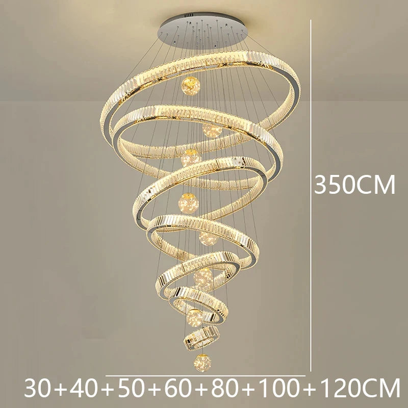 Modern Stainless Steel LED Warm Cool Twisted Ring Cord Pendant Hanging Crystal Chandelier Ceiling Lights/Dimming Remote Control/Touch On-Off/Colors-Gold/Silver