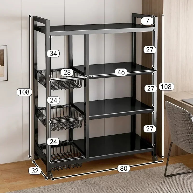 Kitchen Black-Brown Color Adjustable Height Pine Wood-Metal Storage Rack Movable Carts/360° Rotating Wheels