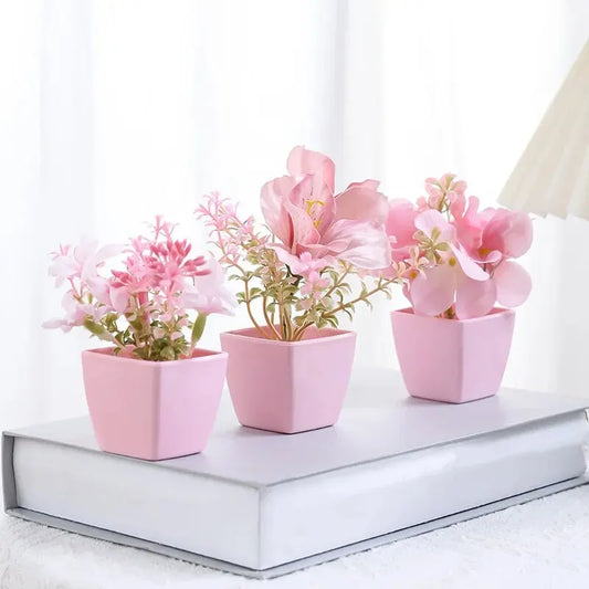Indoor Pink Floral Artificial Hydrangea Bonsai Flower-Square Pot
