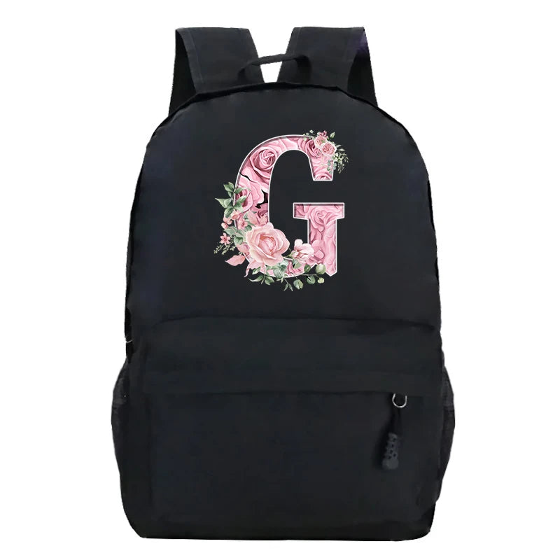 No-EN-Name-Null Waterproof Large Black Softback Nylon Fabric Printed Floral Pink Rose First Name Initial Letter Curved Back Zipper Canvas Lining Built-In Laptop Compartment Shoulder Straps-Handle Zippered External Pockets School Backpacks
