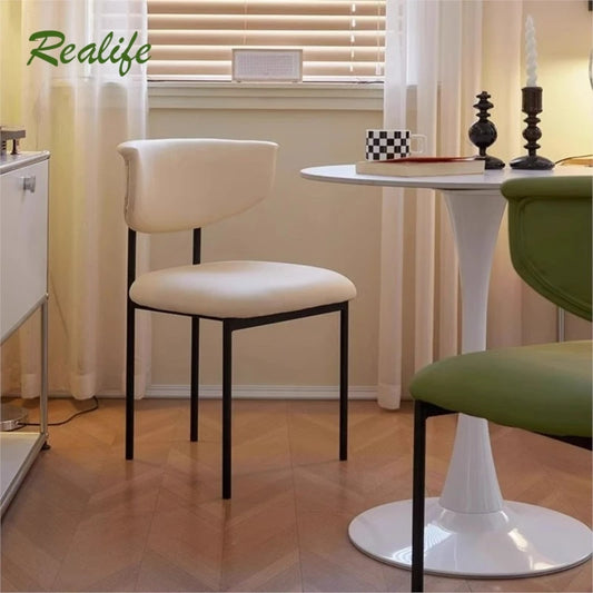 Upholstered Real-Life French Cream Style Genuine Leather Cushion Dining Chairs/ Metal Frame Legs/Colors-Beige/Black/Green/Yellow