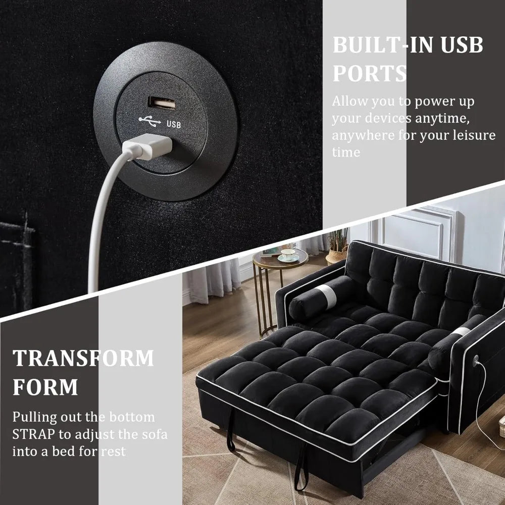 No-EN-Name-Null 3-In-1 Medium Soft Adjustable Backrest Pull Out Black Tuft-White Trim Soft Velvet Fabric Metal Frame Convertible Seat-Recliner-Sleeper Bed Sofas/2 USB Ports /2 Pillars /2 Pockets/Colors-Black Tuft/Gray Tuft/Light Gray Tuft/