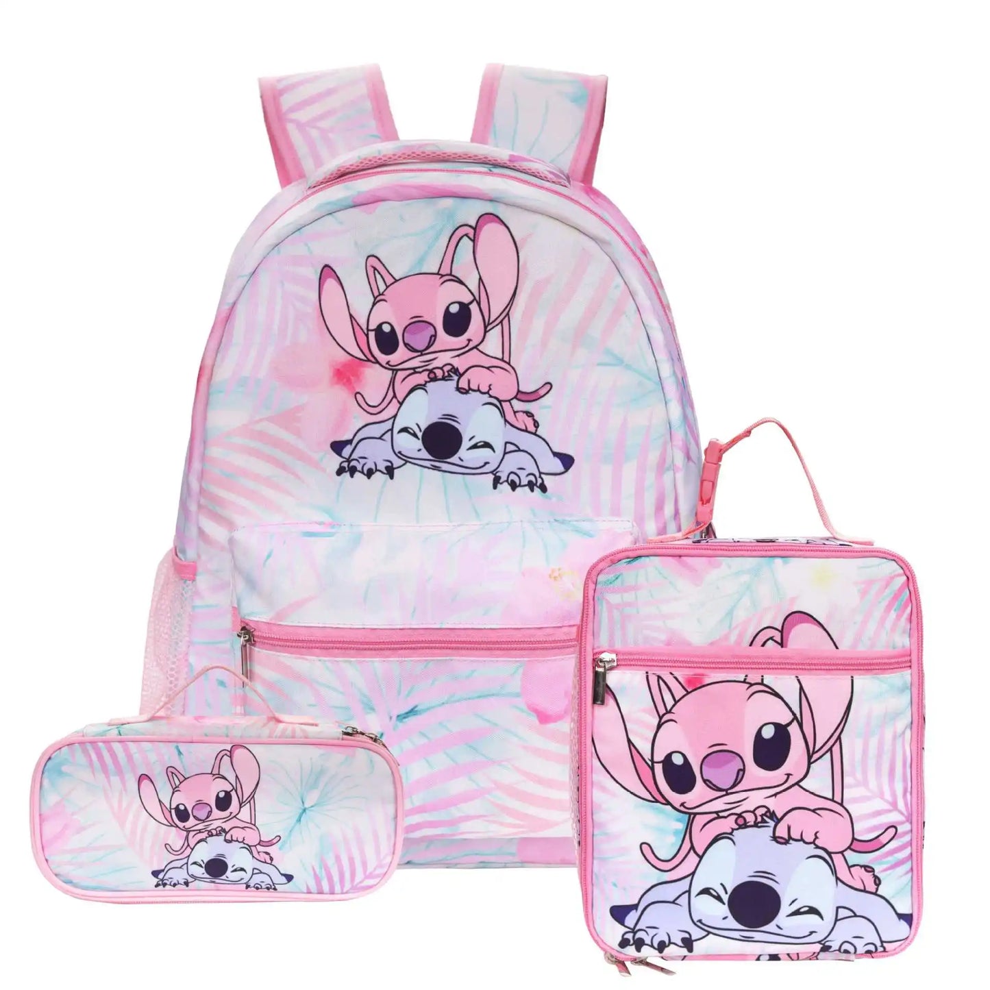 Disney Kids Large 3 PCS Cute Cartoon Stitch Movies-TV Theme Design Pink Polyester Fabric  Shoulder Straps-Handle Zipper Pockets School Backpacks Sets/Pencil Case/Small Accessory Bag/Colors-Multicolor/Pink/Blue