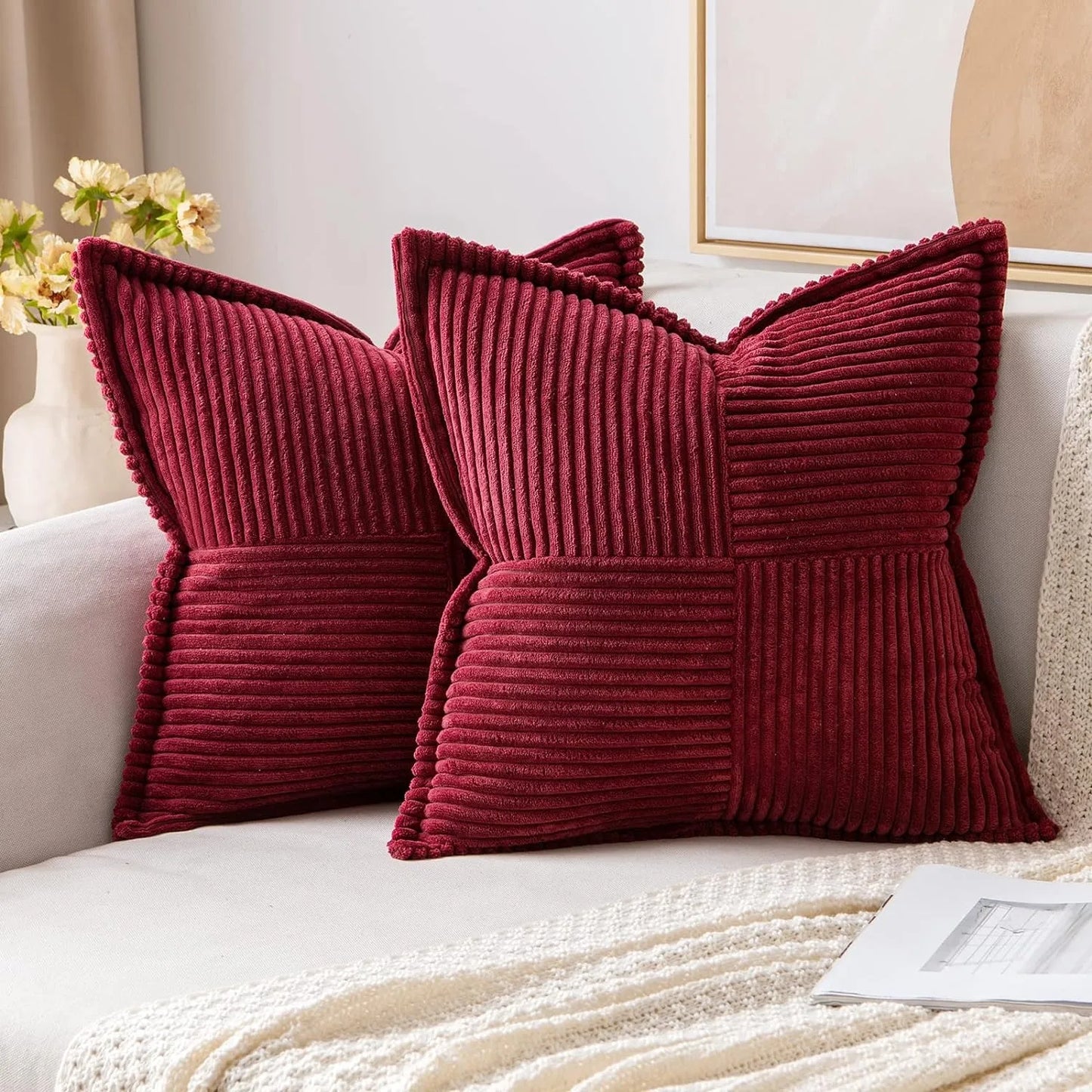 Polyester Corduroy Striped Throw Pillows COVERS/ Concealed Zipper/Colors-Beige/Green/Cream White/ Light Brown/Orange/Dark Green/ Pink/ Red/Black/Gray/Blue Green