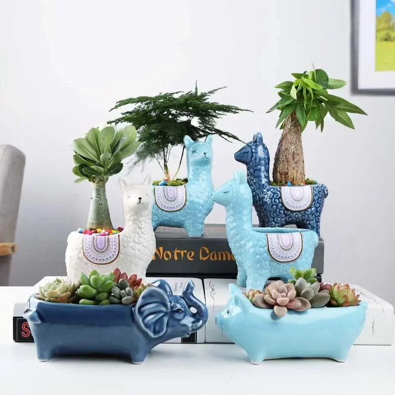 No-EN-Name-Null Home Garden Unglazed Ceramic Blue Cute Cartoon Alpaca-Owls Animal Mini Succulent Desktop Flower Pots Planters /Colors-Red/White/Blue/Gold/Animals