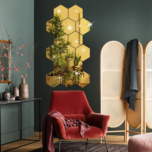 6/12pcs 3D Hexagon Mirror Wall Sticker /Colors-Rose Gold, Blue, Multicolor, Silver, Black, Red, Golden
