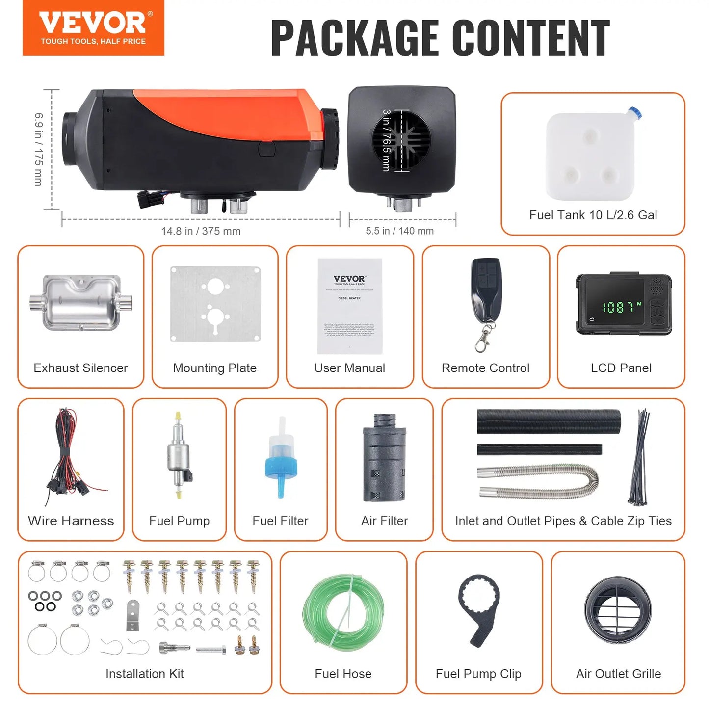 VEVOR Orange-Black Body HD LCD Display Silencer Remote Control Low-Noise DC-Powered 5KW Power Air Diesel Space Heaters
