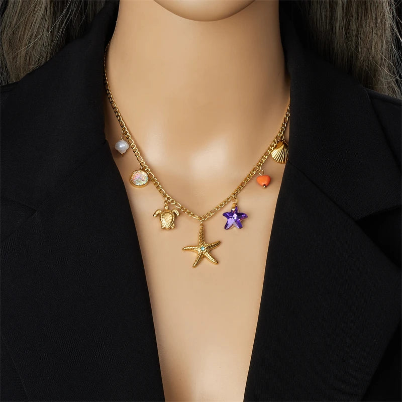 DIEYURO Adult Women Stainless Steel Gold-Plated Imitation Star-Pearl-Heart-Shell-Turtle-Starfish-Mood Tracker Pendant Chain Necklaces
