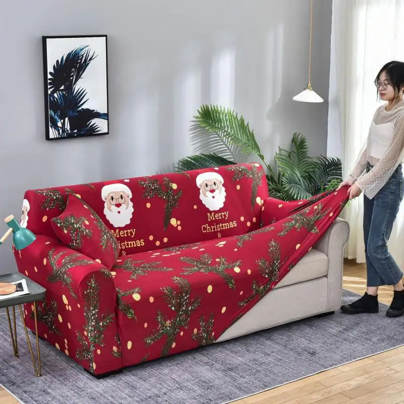 Christmas Theme Red-Green Polyester-Spandex 1-4 Seater L-Shape-Sectional Sofas Stretch Non-Slip Slipcovers