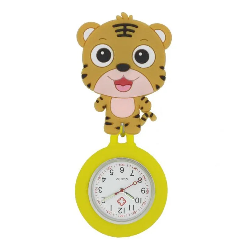 AIYOHI Quartz Analog-Digital Display Round Glass Face Silicone Covered Metal Alloy Case Cute Cartoon Animals-Fruit-Flowers-Cat Paw-Smiling Cloud Design Nurses-Doctors Retractable FOB Pocket Watches