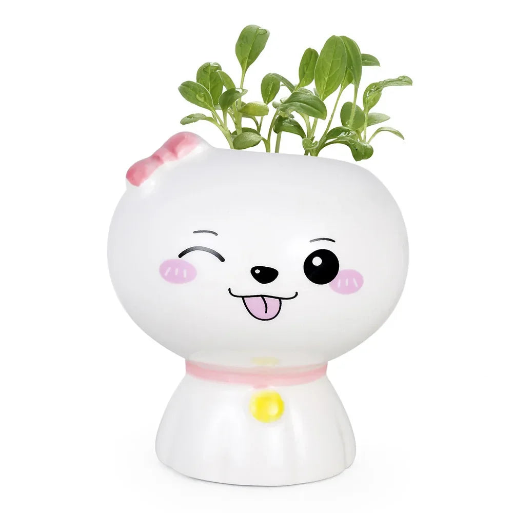 No-EN-Name-Null Indoor Mini Unglazed Ceramic White Cute Cartoon Doll Face Design Desktop Succulent Flower Pots Planters /Colors-White/Black/Yellow/Pink/Green