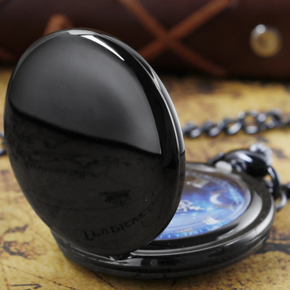 SHUHANG Adults Vintage Quartz Analog Display Hunters Black Glossy Blue Plastic Face Stainless Steel Metal Round Shaped Case White Roman Numeral Black Long Necklace Chain-Pocket Watches