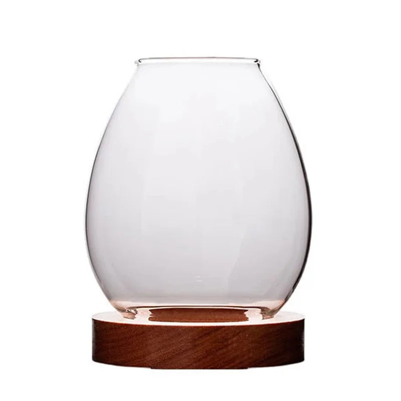 No-EN-Name-Null Modern Vintage Clear Transparent Round Glass Shade-Round Brown Wood Base Windproof Big Tealight Candle Holders