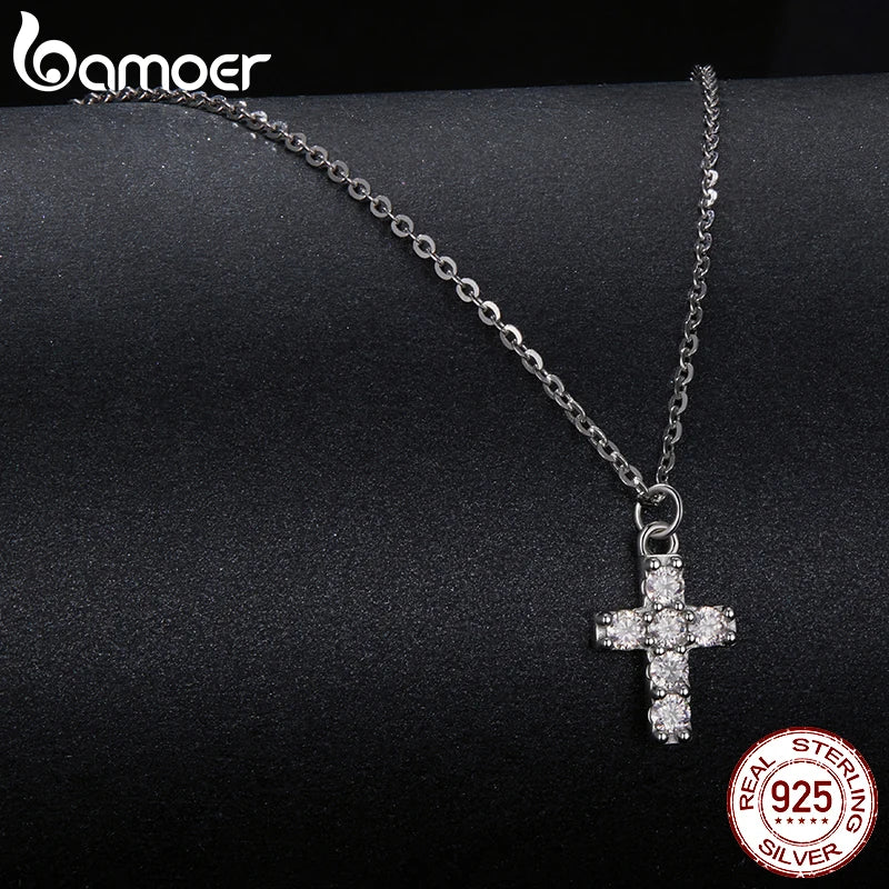 BAMOER Adult Women Fine Imitation Sterling Silver White Gold-Gold-Plated Clear White Shiny Diamond-Like Artificial Moissanite Stones Cross Pendant Push-Back Necklaces-Stud Earrings Jewelry Sets