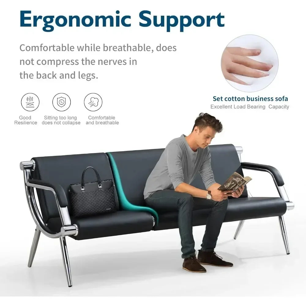 No-EN-Name-Null Black Soft PU Leather Upholstered Padded Foam Cushion Alloy Steel Metal Armrests-Legs Frame Lumbar Support Waiting Room Benches/ Maximum Weight 340 Pounds