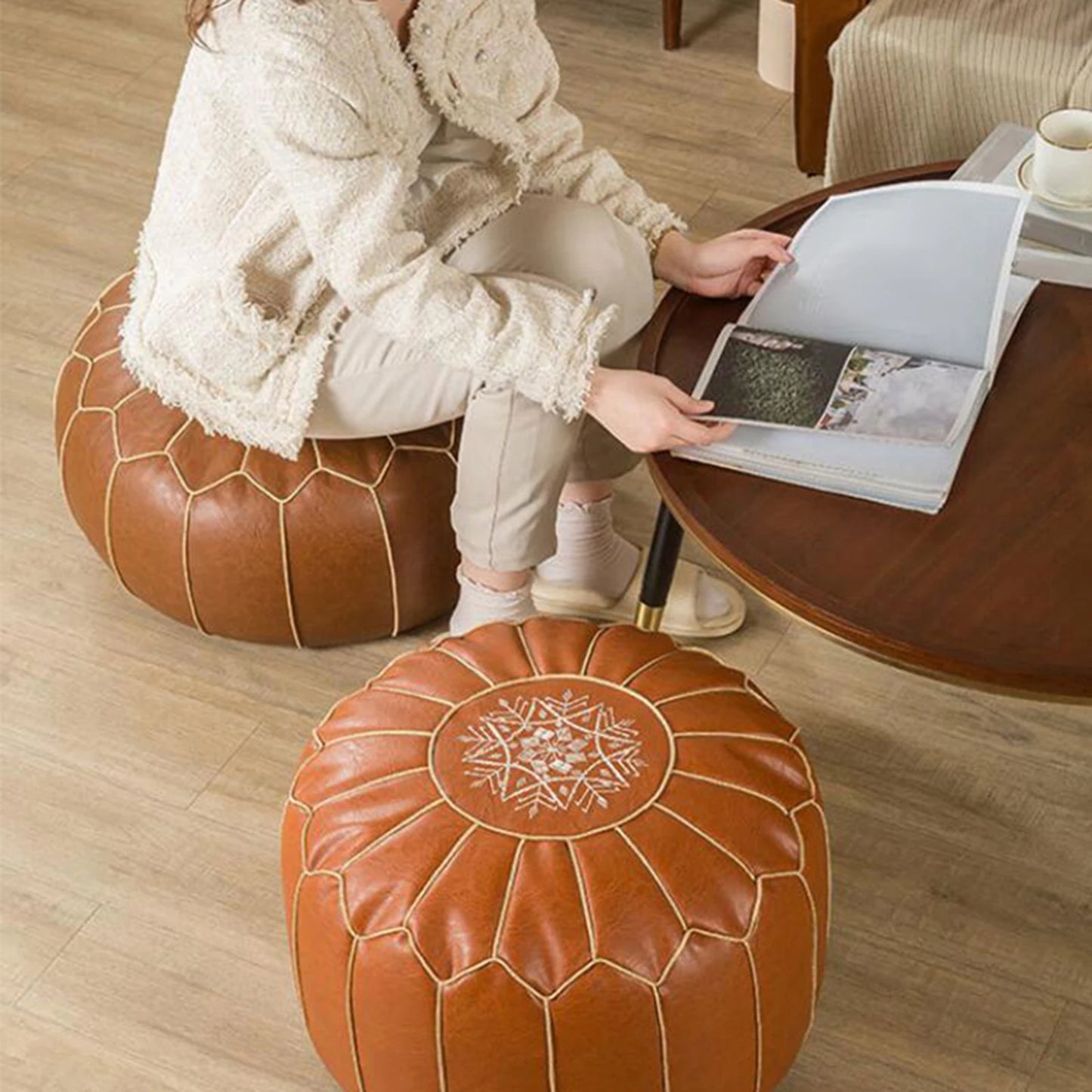 SERENABLE Modern Geometric Pattern Removable Brown Faux Leather Round Unstuffed Pouf Unfilled Ottoman COVERS /Size 50 x 25cm/19.69 x 9.84inch