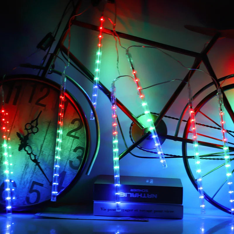 DOMPLA Outdoor Waterproof Multicolor Meteor Shower Effect Long Rain Drop Shaped Warm White LED Garland Light Ropes-Strings/Colors-Multicolor/Blue/White