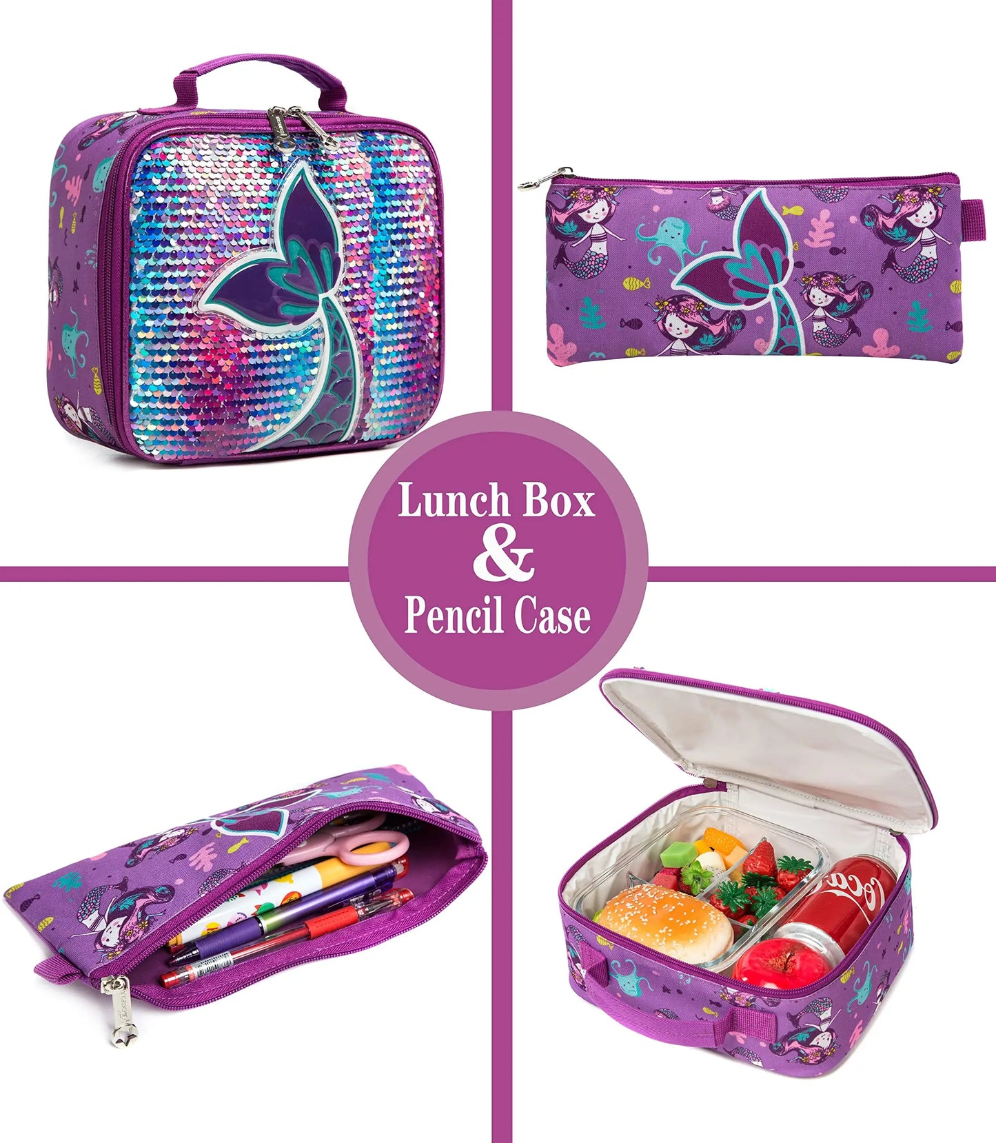 MEETBELIFY Kids Softback Lightweight Waterproof Pink-Purple Nylon Fabric Lightweight Glitter Sequin Zippers Shoulder Straps-Handle Polyester Lining Laptop Compartment Internal-External Pockets School Backpacks/Lunch Box/Pencil Case/Water Bottle Holder