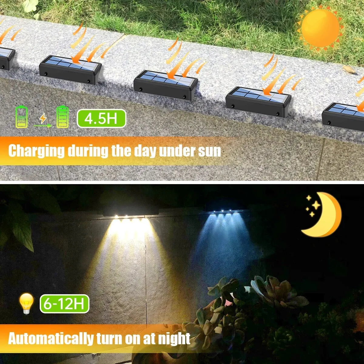 AMARYLLIS ART DECO Style Outdoor Waterproof Dimmable Warm White LED Lights RGB Changing Colors Black Rectangle Shaped Plastic Body Solar-Powered Lithium Battery Step Lights Landscape Pathway Lighting /Colors-Black/White/Multicolor