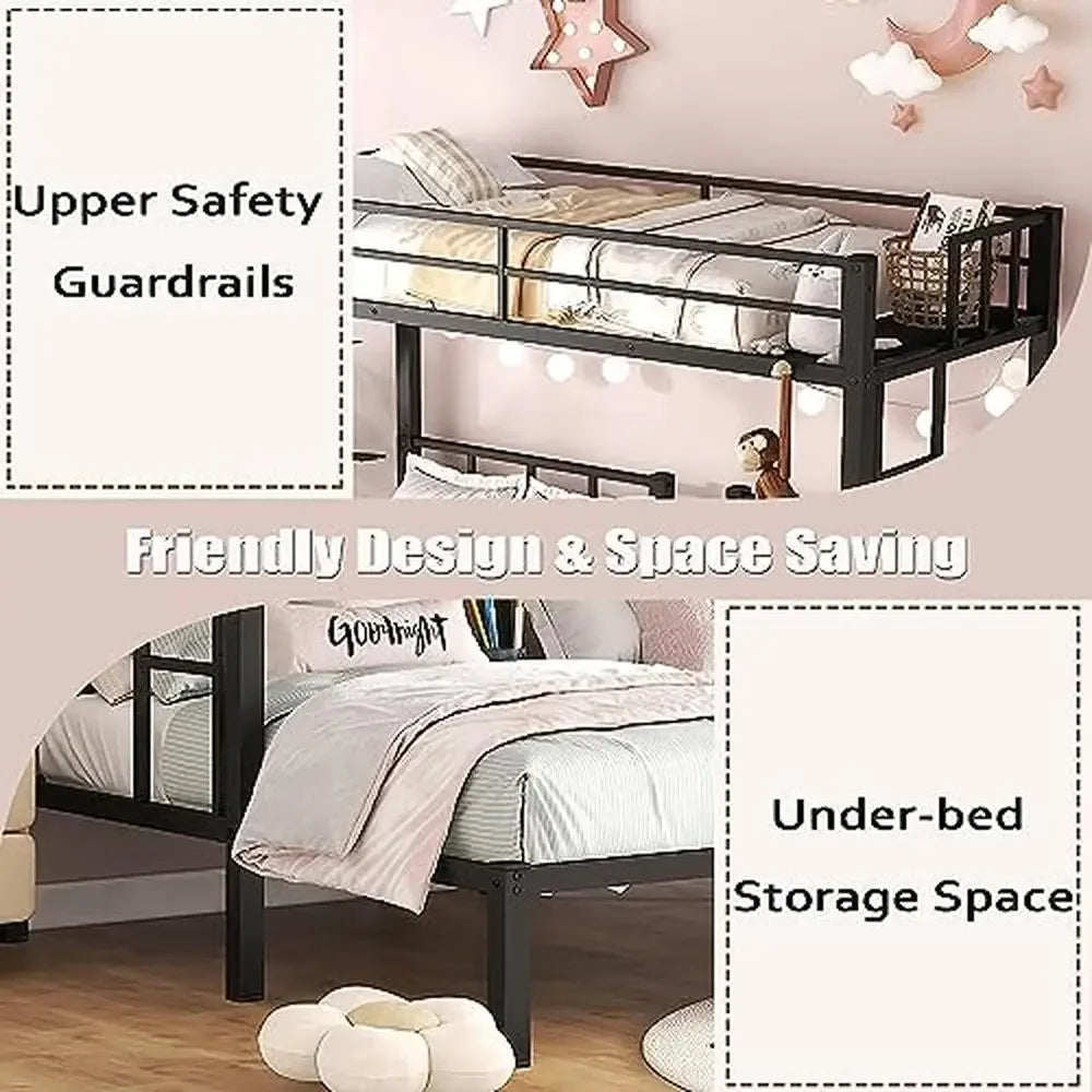 DUTRIEUX Kids Black Three Twin Mattress Metal Powder Coated Frame Bunk Beds/ Sturdy Built-In Ladder/Full-Length Upper Safety Guardrails/Detachable Bunk Beds