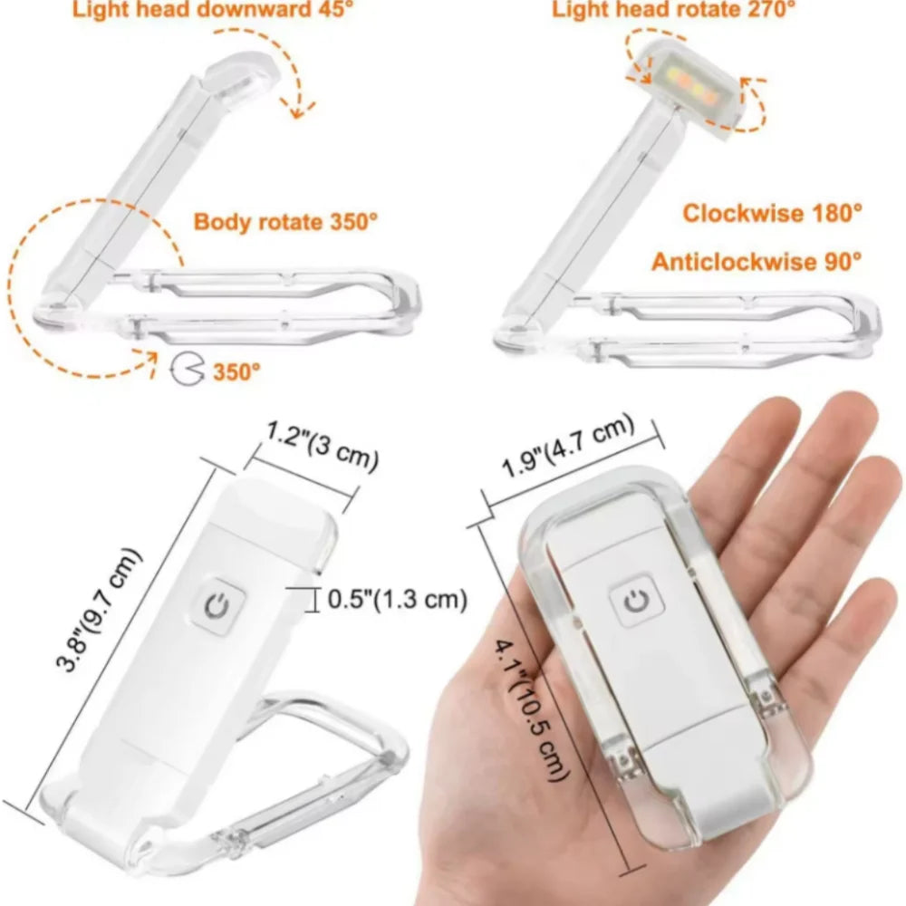 OSITE SKY Mini White Plastic Rectangle Body Warm-Cool-Daylight White LED Light Portable Foldable USB Rechargeable Dimmable Brightness Flexible Metal Clip Bookmark Reading Book Lights/Eye Protection