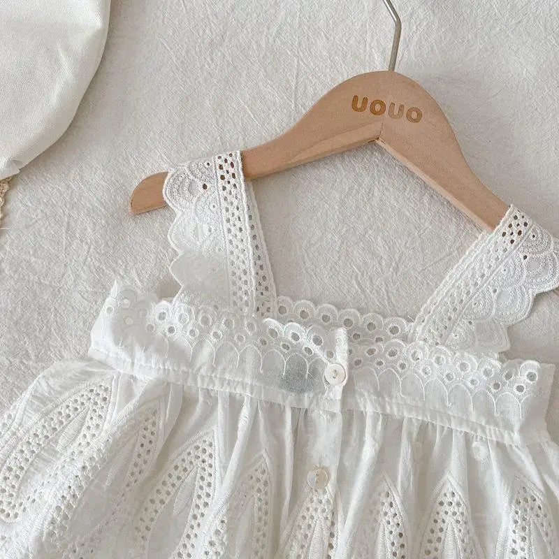 UIVSOUN Newborn Babies Girls-Toddlers Summer Breathable Easy-Snaps Triple Breasted Closure O-Neck Collar Cotton White Lace Sleeveless Shirts-Blue Denim Brace Skirt Sets/Ages: Newborn- 6 Years Old