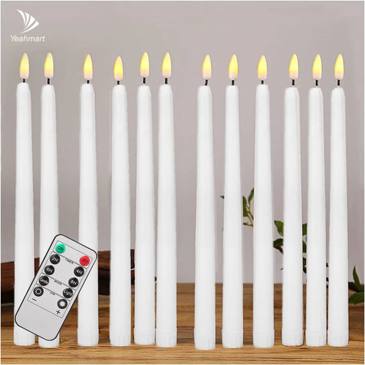 6-24 PCS Set LED White Realistic Round Cylindrical Plastic Flameless Flickering Tall Tapered Handheld Electric Window Candles/Battery: 2-AAA ( Not Included )/ Automatic Timer/1-4 PCS Remote Control