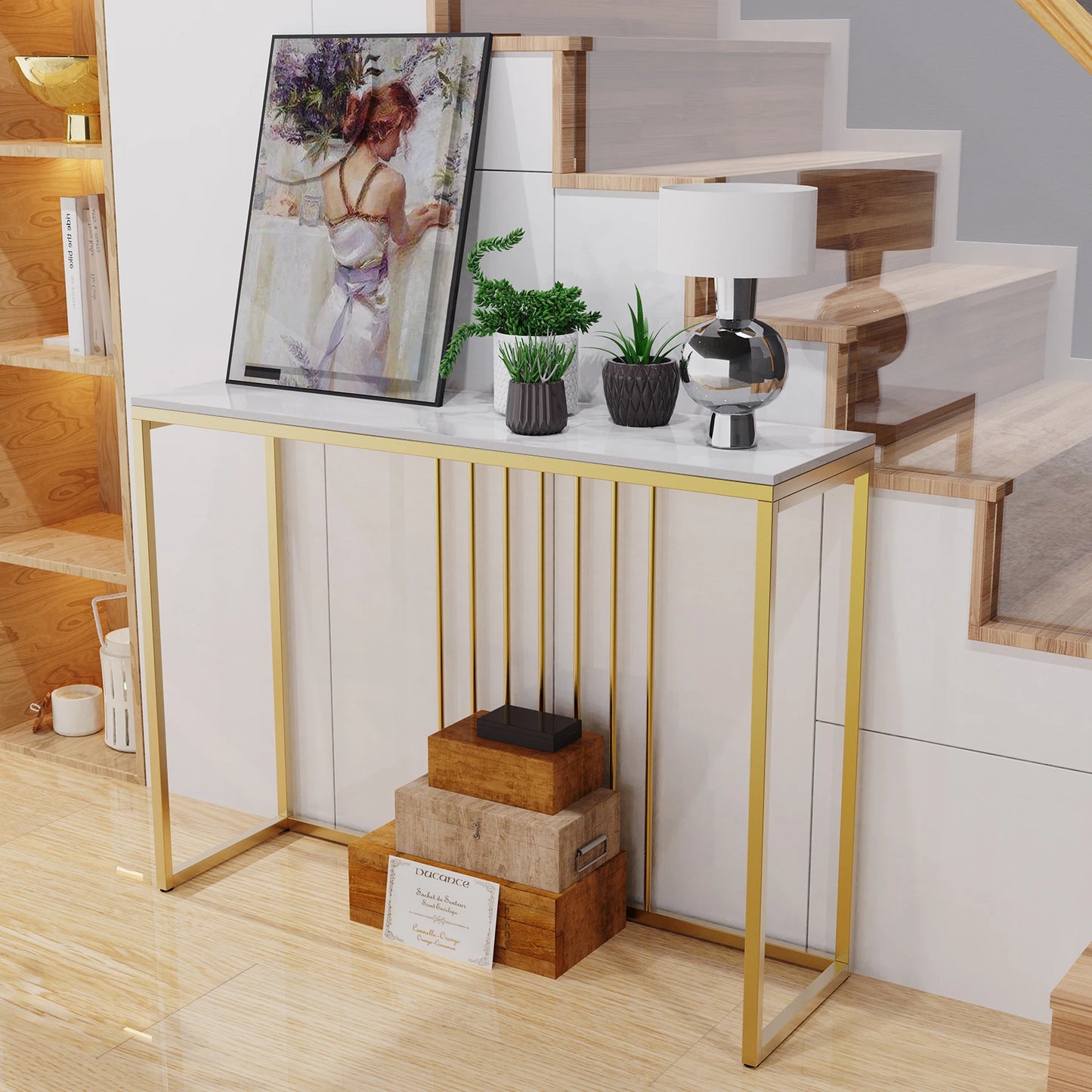 BINGOPAW Modern Nordic Rectangle Shaped Narrow Sintered White Marble Top-Gold Metal Frame Entryway Console Tables/Colors-White Tops/Gold-Black Metal Frame/Size: 39.4 x11.8 x30.9 Inch