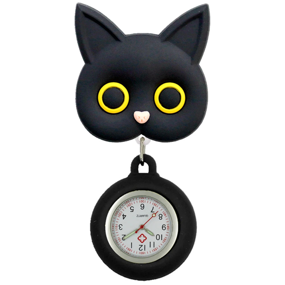 No-EN-Name-Null Adults Waterproof Cartoon Pink Big Cat Paw Metal Alloy Case Arabic Numeral Analog Display Clip-On Nurses-Doctors Fob Hanging Pocket Watches/Colors-White-Black Cat Heads/Yellow-Black-Pink Paws