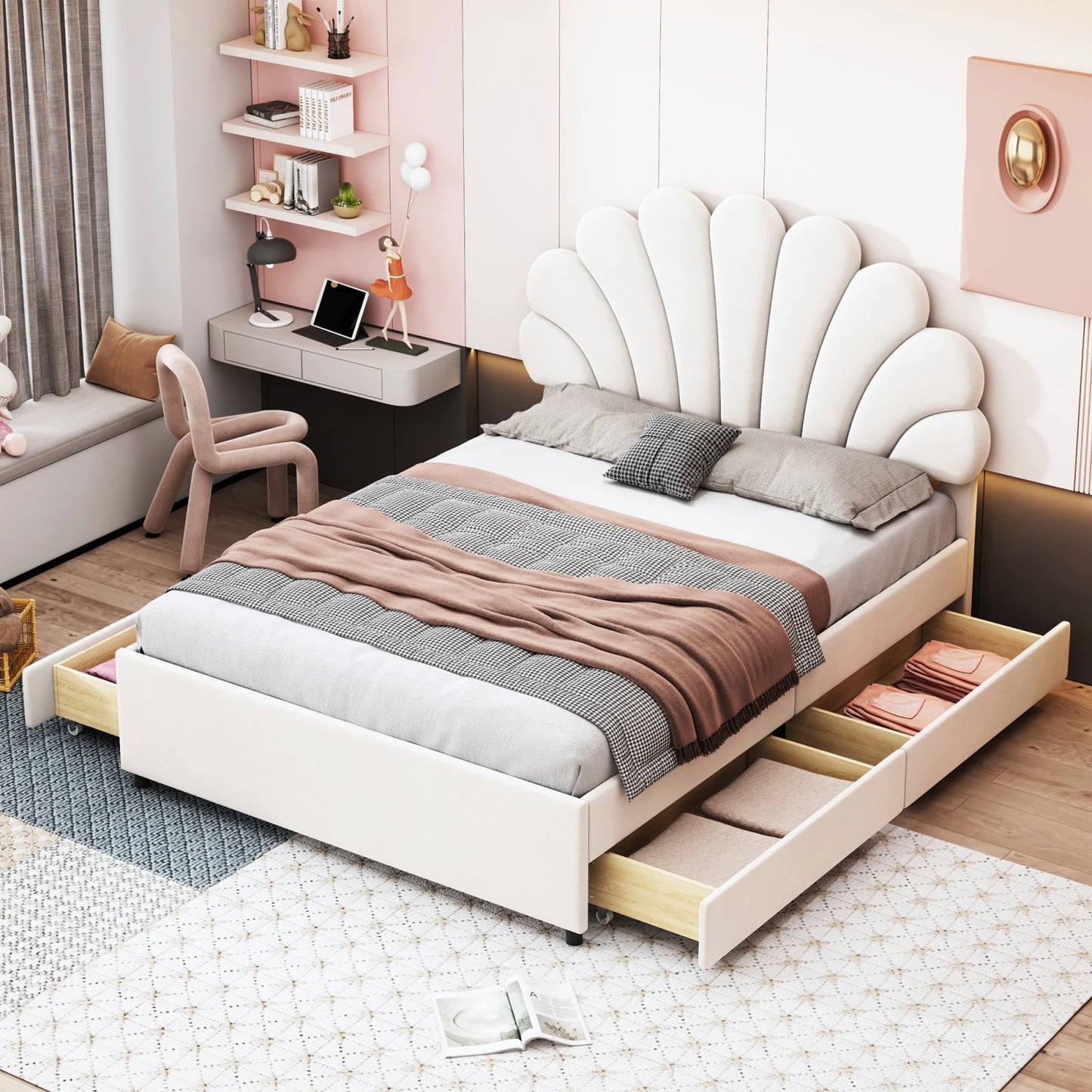 No-EN-Name-Null  Modern Upholstery Padded Flower Shaped Soft Velvet Headboard Platform Bed FRAMES / WITHOUT MATTRESS-DRAWER/ Headboard-Slats/Dimensions: 206cm L x 100cm W x 110.5cm H /Colors-Beige/Burgundy/Pink/ Load Capacity: 440.925 LBS