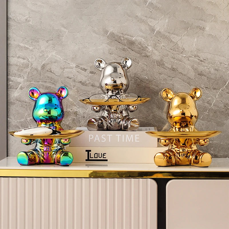 No-EN-Name-Null Modern Multicolor Ceramic-Enamel Cartoon Piggy Bank Bear Shaped Storage Tray Holders/Colors-Gold/Silver/Multicolor