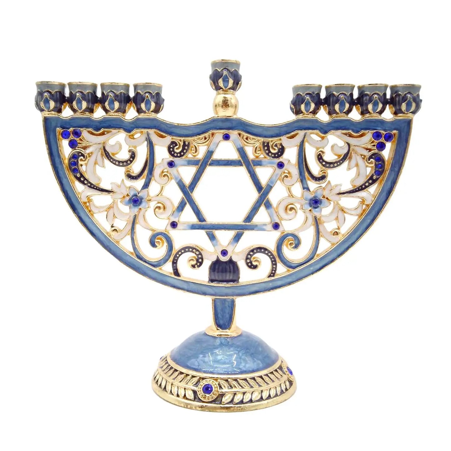 No-EN-Name-Null Antique Hand-Painted Bejeweled Menorah Jewish Nine Floral Branch Enameled Metal Candelabras/Colors-Green/Blue/Floral