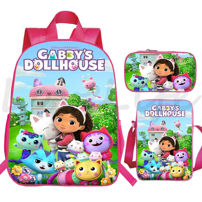 JUNBIE Kids Waterproof Pink Nylon Fabric Cute Cartoon Gabby's Dollhouse Design Zippers Curve Back Shoulder Straps-Handle Built-In Laptop Compartment External Pockets Backpacks/Colors-Pink/Multicolor