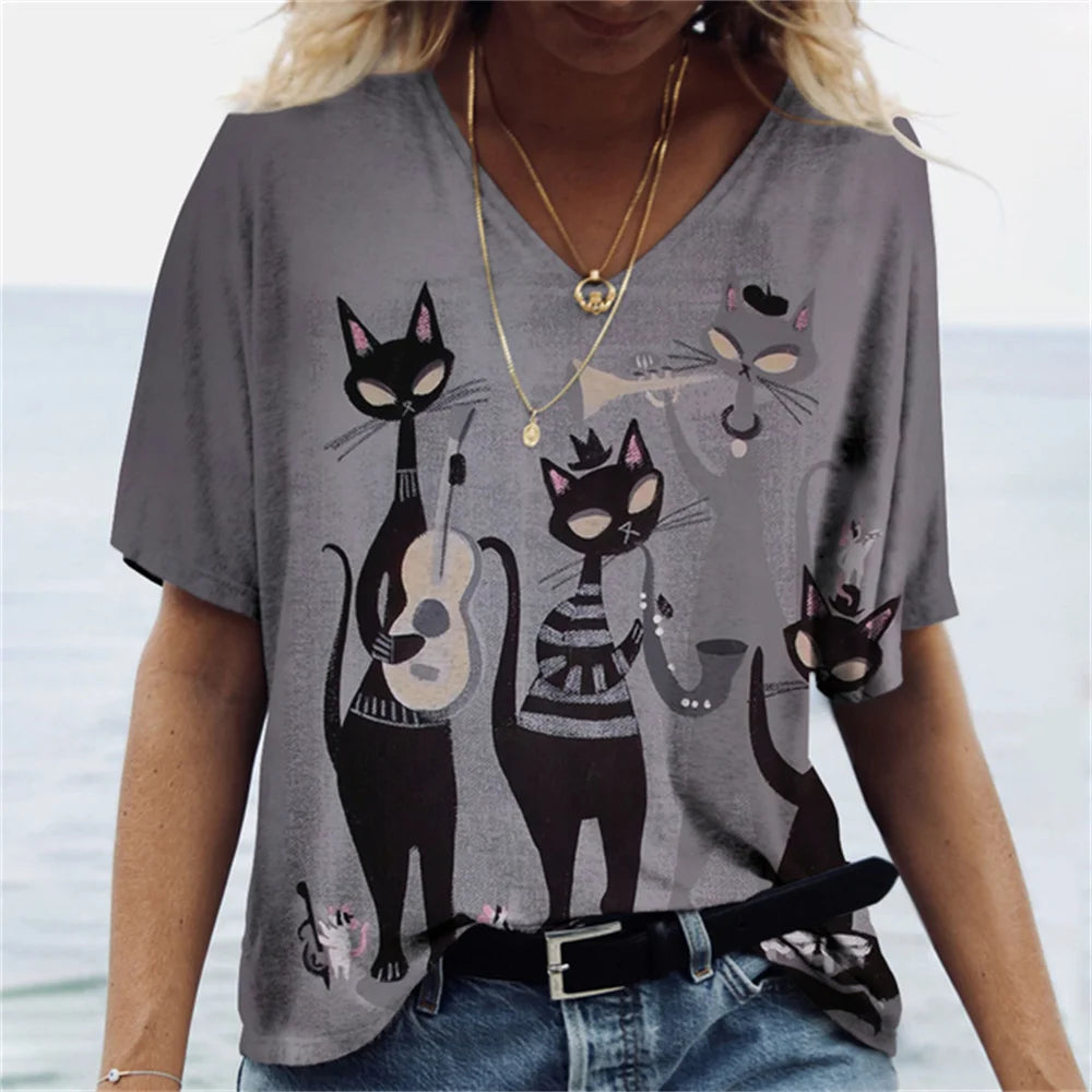 No-EN-Name-Null Women Knit V-Neck Medium Length Cute Cartoon Anime Cat Shaped Stretchable Cotton-Lycra Short Sleeved T-Shirts/Sizes: S-2XL/Colors-Green/Gray/Animal/Checkered/Floral